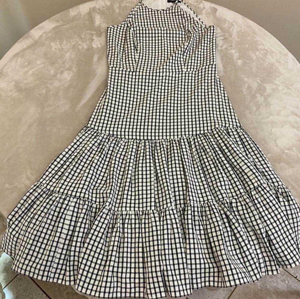Tommy HILFIGER Black & White Check Women's Tiered Midi Dress, Drop Waist, Sz: 2